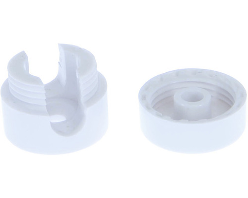 Dvě bílé plastové svorky pro upevnění kabelu