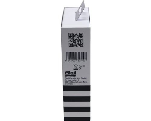 Balení produktu Bleil Kabel+Licht s QR kódem, čárovým kódem, označením RoHS a CE.