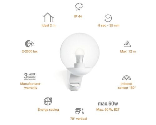 Venkovní nástěnné svítidlo Steinel L585 IP44 E27 60 W bíle se senzorem pohybu
