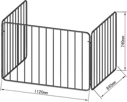 Nákres trojdílné krbové zástěny s rozměry