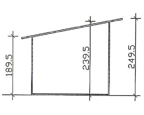Technický nákres zahradního domku s výškovými údaji v centimetrech.