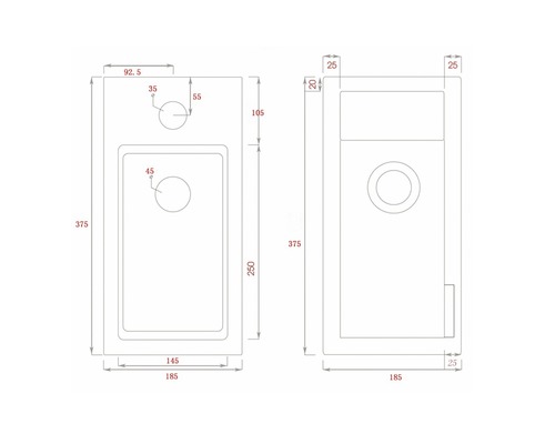 Technický výkres umyvadla s rozměry