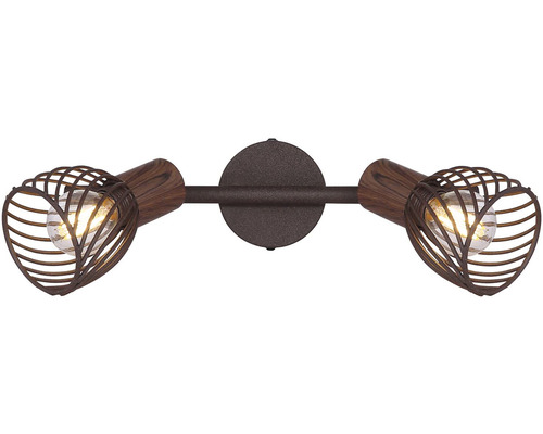 Nástěnné svítidlo se dvěma světly, vzhled dřeva a kovová klec