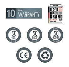 Desetiletá záruka, pečeť Palram Test Bild Top Garden Brand 2020, ISO 14001, ISO 9001, ISO 45001, označení CE, symbol recyklace
