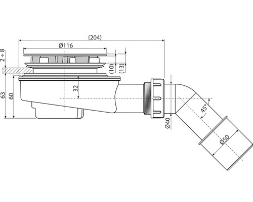 Technický výkres podlahové vpusti s rozměry.