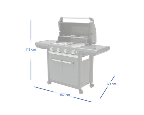 Plynový gril o rozměrech 148 cm výška, 157 cm šířka a 69 cm hloubka.