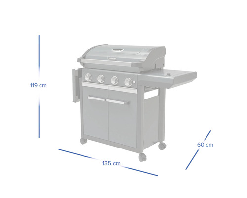Plynový gril s rozměry 119 cm výška, 135 cm šířka a 60 cm hloubka