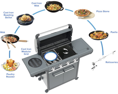 Gril s příslušenstvím pro přípravu různých pokrmů, jako je pečené kuře, pokrmy z woku, pizza a paella.