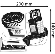 Obrázek akumulátorové vibrační brusky Bosch Professional GSS 18V-10 s rozměry: šířka 200 mm, výška 140 mm