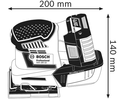 Obrázek akumulátorové vibrační brusky Bosch Professional GSS 18V-10 s rozměry: šířka 200 mm, výška 140 mm