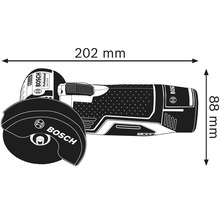 Úhlová bruska Bosch s rozměry: délka 202 mm a výška 88 mm.