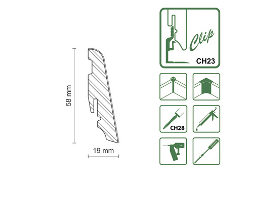 Profilová lišta o rozměrech 58 mm x 19 mm a montážní návod