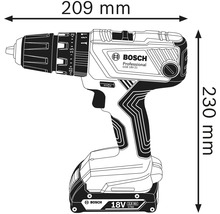 Obrázek šroubovacího vrtáku o rozměrech 209 mm šířka a 230 mm výška. Zobrazen je Bosch Professional GSB 18V-21.
