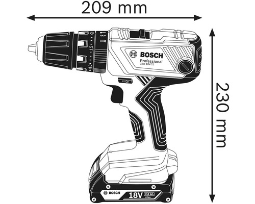 Obrázek šroubovacího vrtáku o rozměrech 209 mm šířka a 230 mm výška. Zobrazen je Bosch Professional GSB 18V-21.