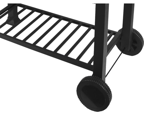 Grilovací vozík s odkládací mřížkou a kolečky.