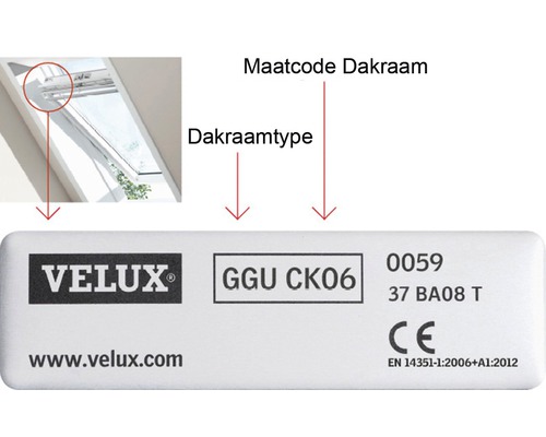 Logo Velux s informacemi o typu střešního okna a rozměrovém kódu