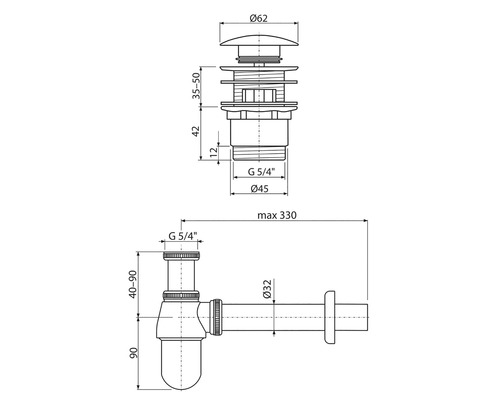 Technický nákres odtokové soupravy s rozměry