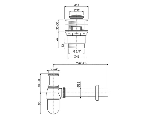 Technický výkres odtokové armatury s rozměry