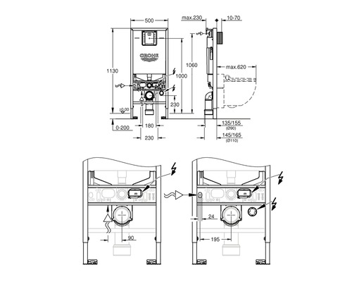 Technický výkres splachovací nádrže Grohe pro montáž na stěnu s rozměry