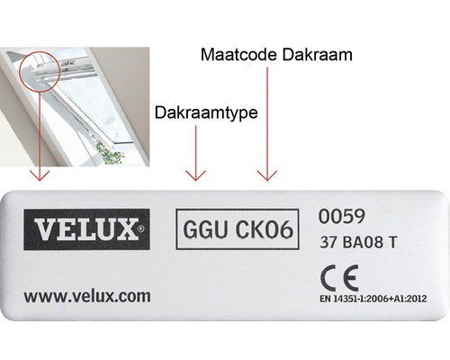 Logo Velux, typ střešního okna GGU CK06 a rozměrový kód střešního okna