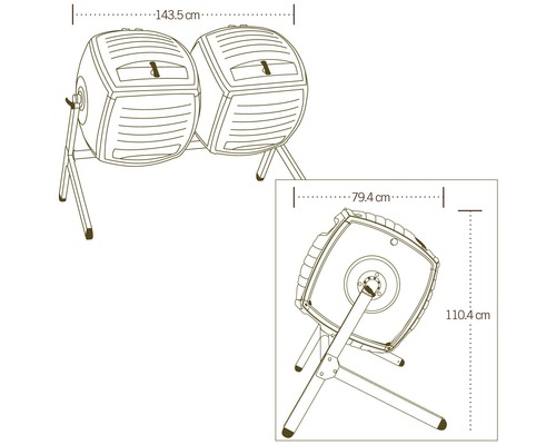 Dvoukomorový kompostér s rozměry 143,5 cm délka, 79,4 cm šířka a 110,4 cm výška.