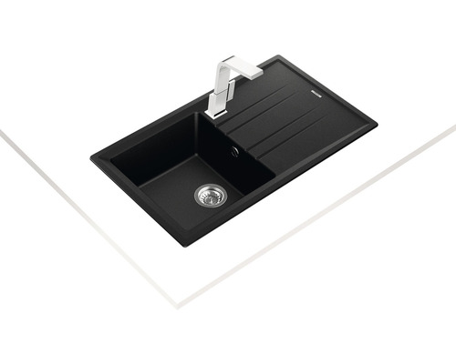 Černý granitový kuchyňský dřez s odkapávací plochou a baterií