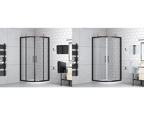 Rohová sprcha s černým nebo bílým rámem a detaily upevňovacích prvků