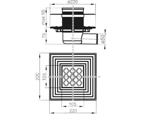 Technický nákres podlahového odtoku se čtvercovým krytem a rozměry