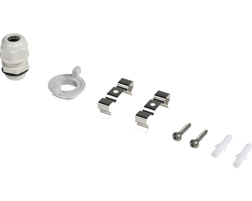 Kabelová vývodka, pojistná matice, upevňovací spony, šrouby a hmoždinky