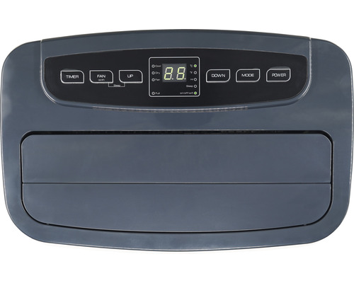 Ovládací panel mobilní klimatizace s časovačem, ventilátorem, spínači nahoru, dolů, režimem a napájením.