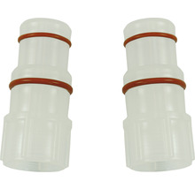 Dvě průhledné plastové hadicové spojky s těsnicími kroužky