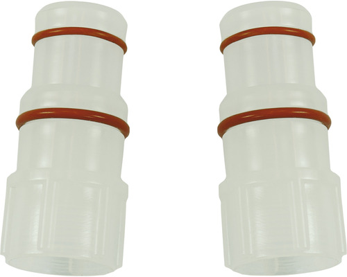 Dvě průhledné plastové hadicové spojky s těsnicími kroužky