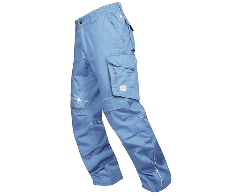 Světle modré pracovní kalhoty s několika kapsami.