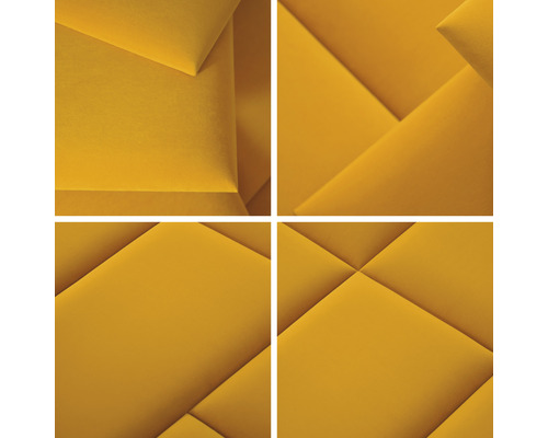 Detail žlutých akustických panelů s geometrickým vzorem pro pohlcování zvuku