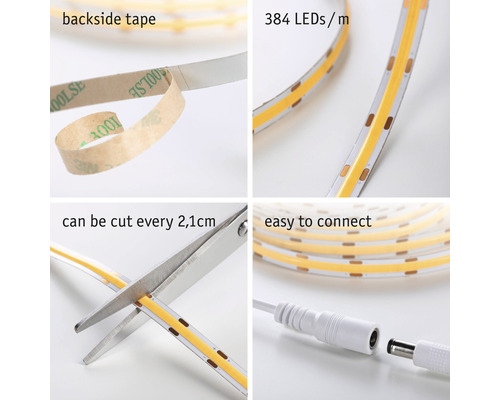 LED pásek se zadní lepicí páskou, 384 LED diod na metr, lze stříhat každých 2,1 centimetru a snadno se připojuje