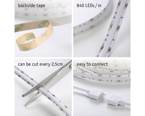 LED pásek se zadní lepicí páskou, 840 LED na metr, lze stříhat každých 2,5 cm a snadno se připojuje