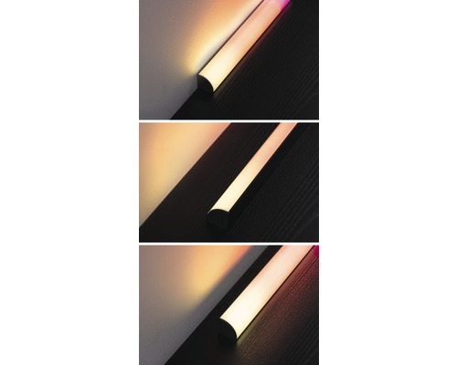 Tři LED svítidla v různých světelných scénářích.