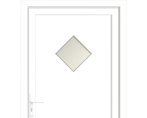 Bílé dveře s kosočtvercovým oknem a klikou