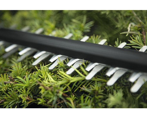 Detailní záběr nožů nůžek na živý plot stříhajících zeleň.