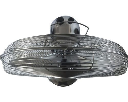 Stropní ventilátor s kovovým pouzdrem a ochrannou mřížkou.