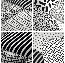 Koláž různých polštářů s černo-bílými vzory