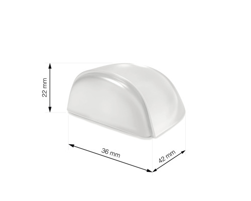 Jeden průhledný dveřní doraz o rozměrech 36 mm x 42 mm x 22 mm