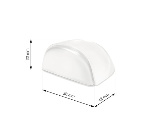 Dveřní zarážka o rozměrech 22 mm na výšku, 36 mm na délku a 42 mm na šířku.