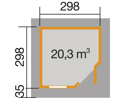 Půdorys s rozměry 298 x 298 x 35 centimetrů a objemem 20,3 metrů krychlových