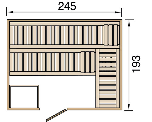 Půdorys sauny o rozměrech 245 x 193 centimetrů
