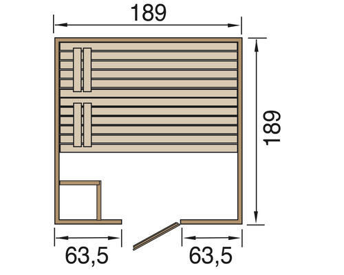 Půdorys sauny s rozměry.
