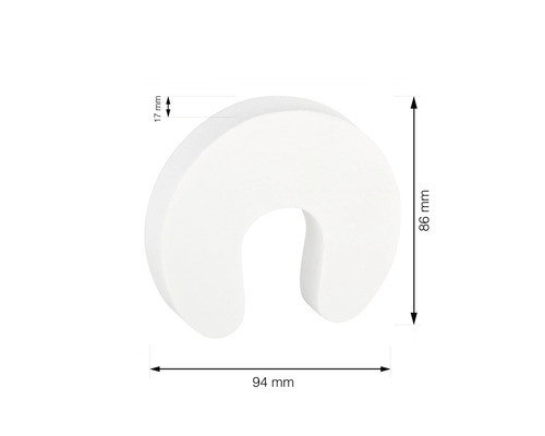 Bílá zarážka dveří o rozměrech 94 milimetrů krát 86 milimetrů krát 17 milimetrů.