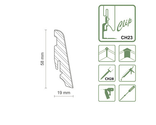 Diagram lišty o rozměrech 58 mm výšky a 19 mm šířky a symboly pro montáž.