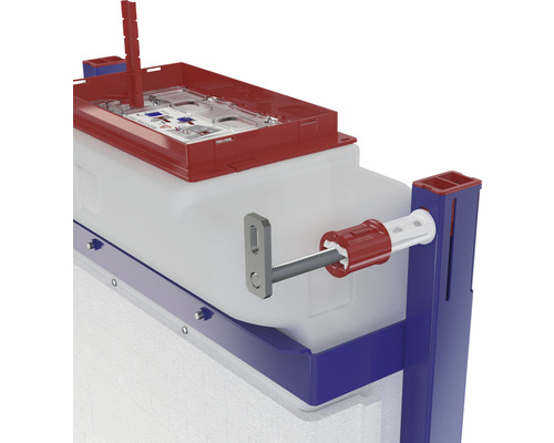 Detailní pohled na namontovanou podomítkovou splachovací nádržku s upevňovacími prvky