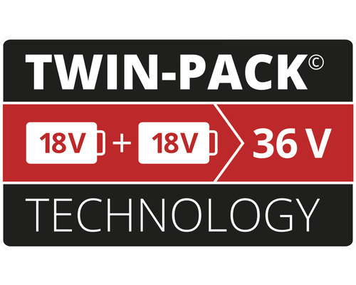 Technologie Twin-Pack se dvěma 18voltovými bateriemi, které dávají 36 voltů